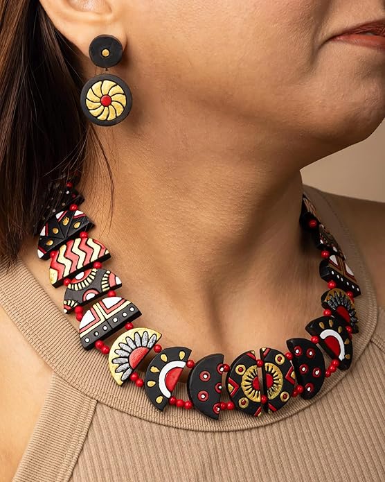 Celestial Creations Handmade Terracotta Necklace and Earrings Set – Boho Tribal Statement Jewelry for Women, Eco-Friendly Festival & Party Wear Gift
