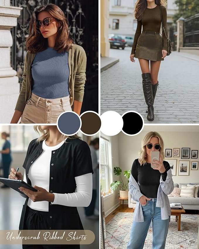 Neer 4 Pack Women's Ribbed Long Sleeve Shirts, Cotton Crew Neck Slim Fit Tops Stretch Knit Casual Base Layer Basic Tee Shirts