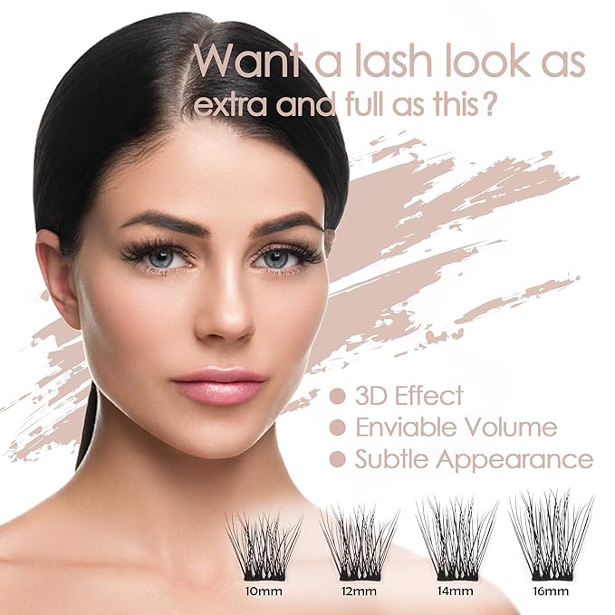 DIY Eyelash Extension, 3D Effect Glue Bonded Individual Lash 12 Clusters Volume Lashes Set, Home Eyelash Extension, C curl Lashes Pack (10MM)
