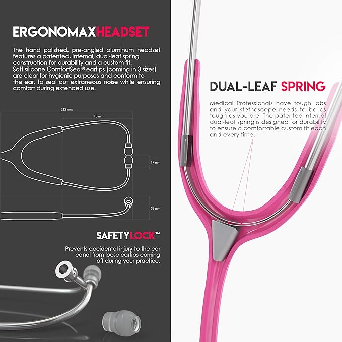 MDF Instruments, Acoustica Lightweight Stethoscope for Doctors, Nurses, Students, Home Health Use, Adult, Dual Head, Fuchsia Tube, Silver Chestpiece-Headset, MDF747XP32