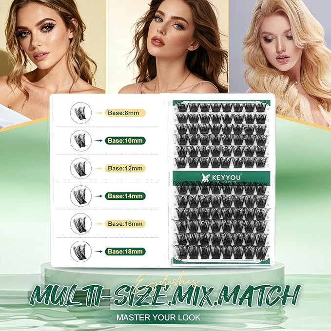 KEYYOU Lash Clusters 96pcs Individual Lashes Y02 D Curl 14mm Eyelash Clusters Volume Wispy Lash Extension Soft&Comfortable Easy DIY Lash Extension at Home(Y02,D-14mm)