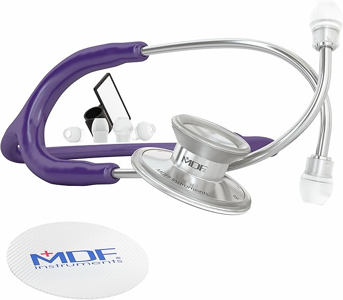 MDF Instruments, Acoustica Lightweight Stethoscope for Doctors, Nurses, Students, Home Health Use, Adult, Dual Head, Purple Tube, Silver Chestpiece-Headset, MDF747XP08