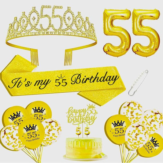 55th Birthday Decorations for Her Girls Set, Include 55th Birthday Crown and 55 Sash, 55th Birthday Cake Topper and 55 Birthday Candles, Gold 55 Balloons, Women 55th Party Supplies(Gold)