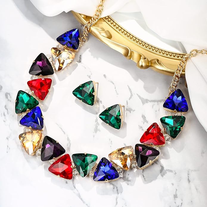BriLove Art Deco Sparkly Triangle Statement Necklace Earrings Set for Women