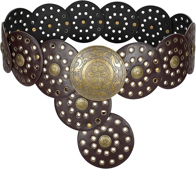 LEACOOLKEY Women's Boho Disc Belt Wide Western Leather Belt Vintage Concho Waist Belts for Dress Jeans