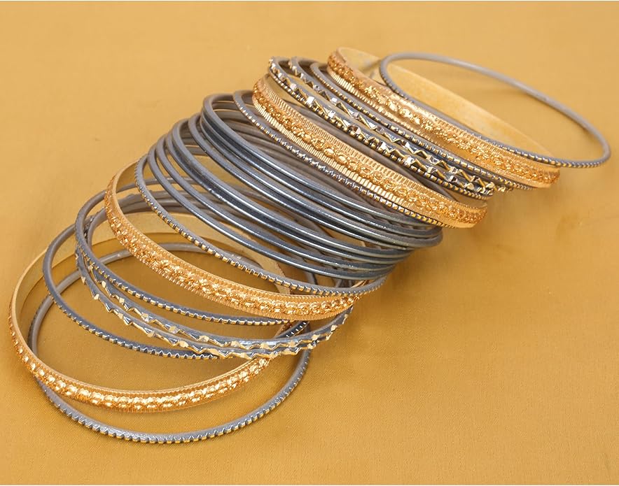 Touchstone Indian Metal Bangles for Women Gold Alloy Bracelets desi 2 Dozen Bangle Collection Bollywood Women's Jewelry Set Multi Stacking Wide Chunky Textured Golden Set of 24 in Gold or White Tone