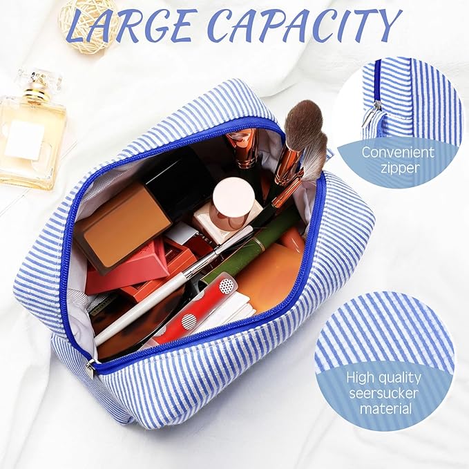 Sanwuta 3 Pcs Seersucker Makeup Bags Seersucker Cosmetic Bags Striped Women Large Travel Toiletry Organizer Preppy Storage Pouch for Embroidery Wedding Bridesmaid Gifts(Navy Blue, Green, Lake Blue)