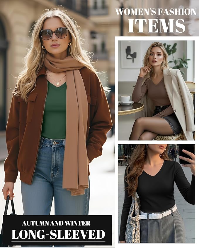 Ficerd 3 Pack Women's Long Sleeve Shirts, V Neck Basic Tees Slim Fitted Casual Fall Tops Going Out Blouses T Shirts