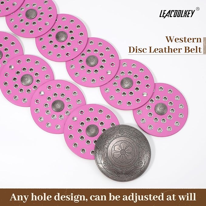 LEACOOLKEY Women's Boho Disc Belt Wide Western Leather Belt Vintage Concho Waist Belts for Dress Jeans