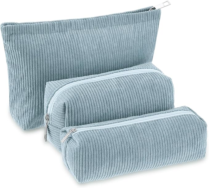 3 Pcs Makeup Bag Set for Women Corduroy Cosmetic Pouch Aesthetic Smile Travel Toiletry Bag Cute Purse Pouch Pencil Case Makeup Brushes Storage Organizer for Christmas(Blue,Solid Style)