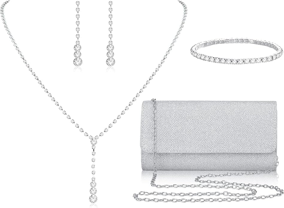Silver Prom Jewelry Set for Women Rhinestone Necklace Dangle Earrings Bracelet Clutch Purse Silver Accessories Bride Bridesmaid Crystal Bridal Jewelry for Wedding Engagement Party Prom Accessories