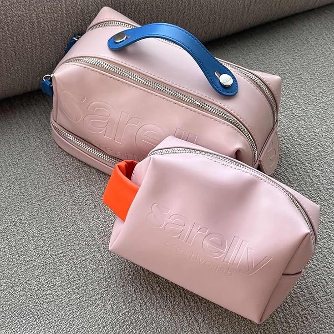 SARELLY, Mini Makeup Bag, Pink Vegan Leather with Compartments, Leak-proof, Sarelly Creativo Lab