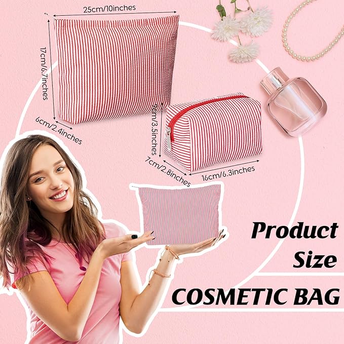 2 Pcs Makeup Bag Set Cute Cosmetic Pouch for Women Seersucker Travel Toiletry Bag Preppy Small Makeup Purse Pouch Aesthetic Skincare Brushes Storage Organizer for Christmas Women (Red)