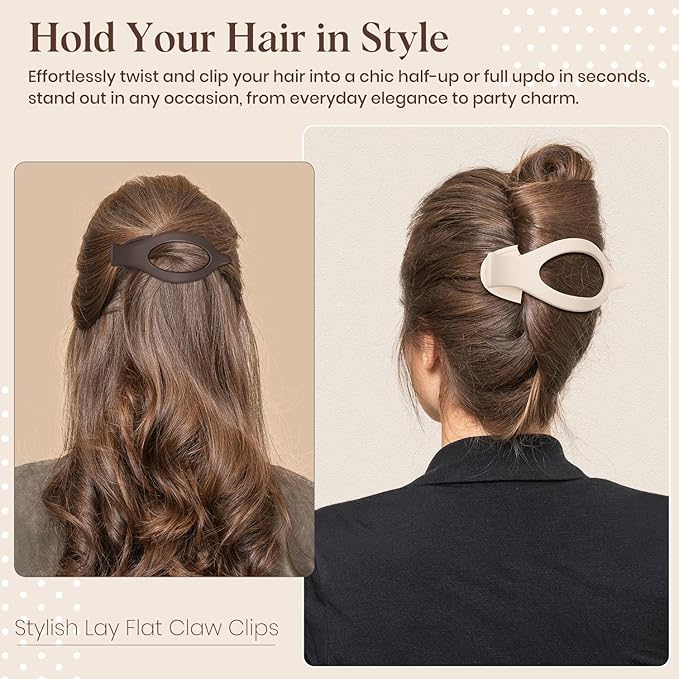 4 PCS Large Flat Hair Clips for Women Girls, French Concord Lay Down Claw Clips for Thick Thin Hair, Comfortable Curved Flat Clips, Matte Non-slip Strong Hold Hair Accessories, Brown