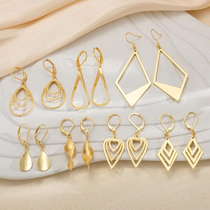 Gold Dangle Earrings for Women, 14K Gold Plated Lightweight Hypoallergenic Teardrop Drop Earrings, Trendy Leverback Minimalist Jewelry for Sensitive Ears Vacation Wear, 7-Styles