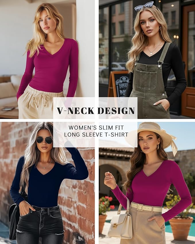 Ficerd 3 Pack Women's Long Sleeve Shirts, V Neck Basic Tees Slim Fitted Casual Fall Tops Going Out Blouses T Shirts