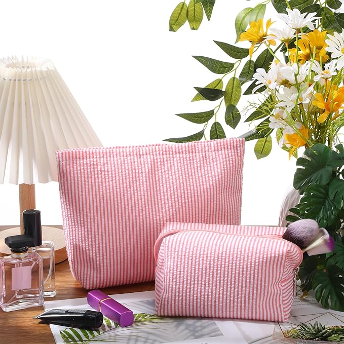 2 Pieces Makeup Bag Set Cute Cosmetic Pouch for Women Seersucker Travel Toiletry Bag Preppy Small Makeup Purse Pouch Aesthetic Skincare Brushes Storage Organizer for Christmas Women(Rose Pink)