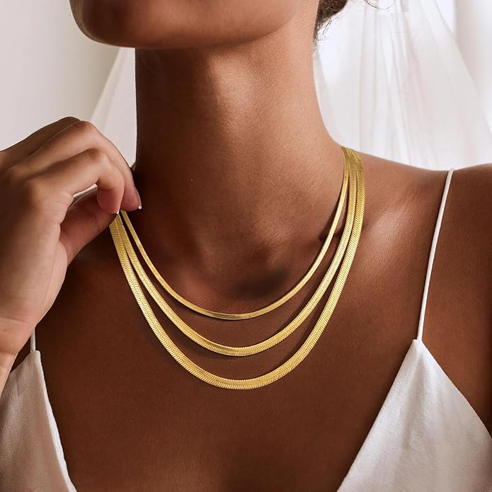 Gold Necklace for Women, 18K Gold Plated Layered Herringbone Necklace Choker Chain Necklaces Dainty Gold Necklaces Waterproof Jewelry for Women Non Tarnish