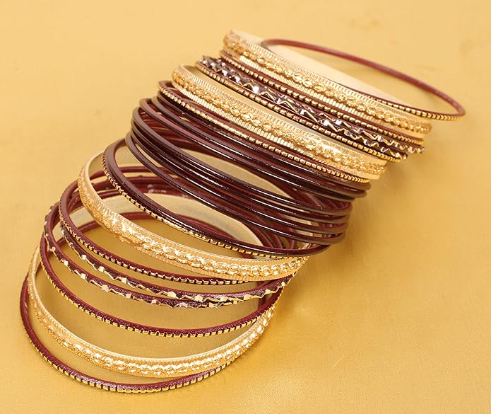 Touchstone Indian Metal Bangles for Women Gold Alloy Bracelets desi 2 Dozen Bangle Collection Bollywood Women's Jewelry Set Multi Stacking Wide Chunky Textured Golden Set of 24 in Gold or White Tone