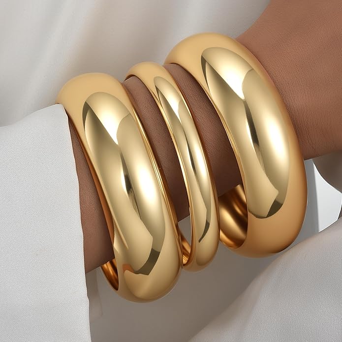 iF YOU Chunky Gold Bangle Bracelets for Women, 14k Gold Plated Multi Layer Stackable Cuff Bracelet Set, Trendy Statement Bracelet Stack Jewelry Gifts