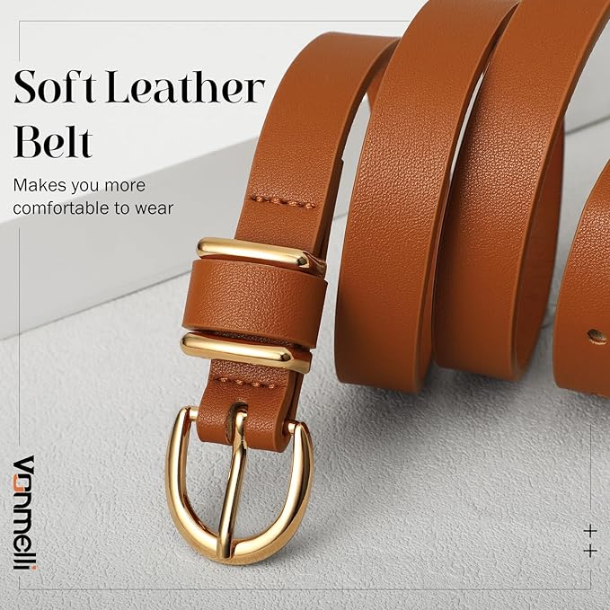 VONMELLI Womens Skinny Leather Belt Thin Waist Belts for Women Fashion Dress Jeans with Gold Buckle