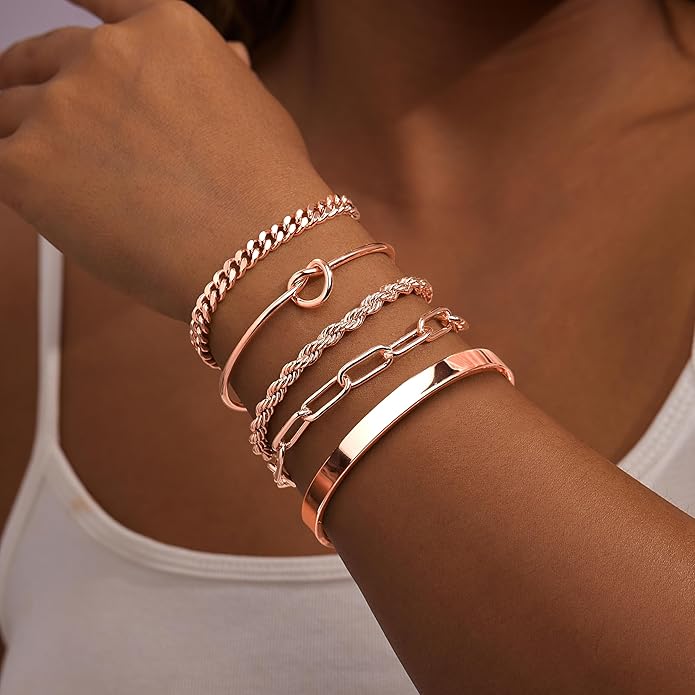 Gold Bracelets Set for Women Non Tarnish, 14K Gold Plated Sterling Silver Chunky Cuff Bracelet Stackable Gold Bangles Bracelet for Women Trendy Fashion Accessories Tie Knot Cuban Rope Paperclip Beaded Bracelet Stack Jewelry Valentines Day Gifts