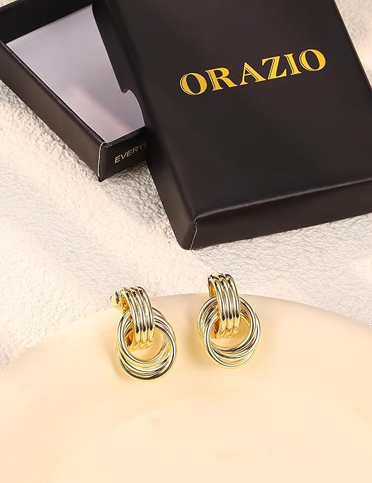 ORAZIO Chunky Gold Plated Knot Earrings for Womens Trendy 925 Silver Statement Lightweight Dangle Drop Hypoallergenic Large Geometric Stud Earring Jewelry for Women