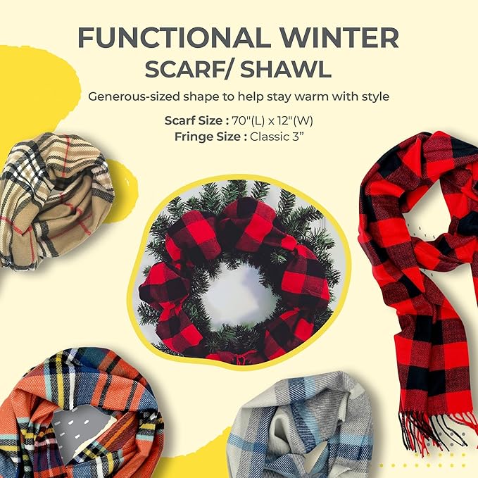 Plum Feathers Plaid Check and Solid Cashmere Feel Winter Scarf, Warm Scarfs, Cold Weather Accessories, Fringe Scarves