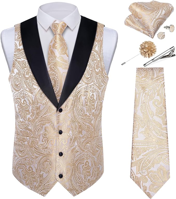 DiBanGu Mens Paisley Suit Vest Silk Jacquard Waistcoat and Necktie Set Formal Shawl Collar Dress Vest 7PCS for Wedding Party