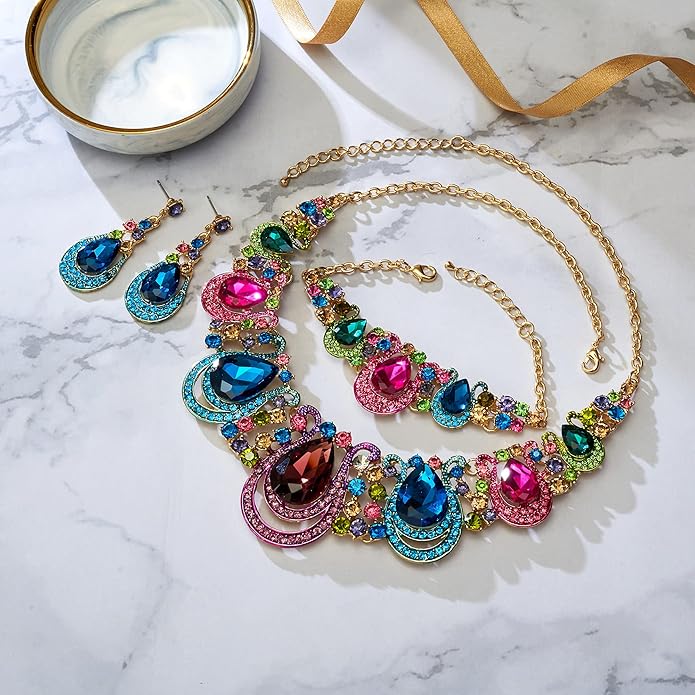BriLove Women's Teardrop Crystal Statement Necklace Cluster Hollow Dangle Earrings Chain Bracelet Bib Jewellery Set for Wedding Bride Bridesmaid