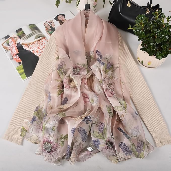 100% Mulberry Silk Women's Neck Silk Scarf-Lightweight Shawl,FLoral Print Beach Silk Wrap-Scarves for Photography