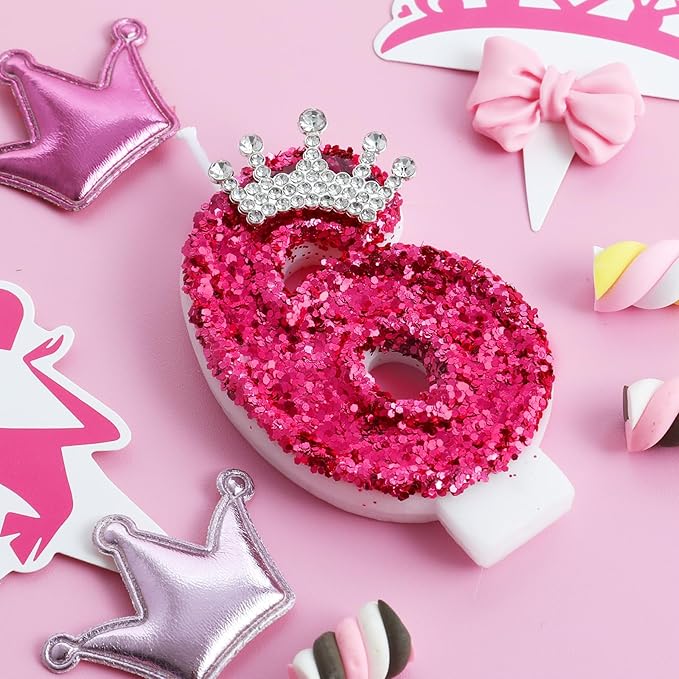 Hot Pink Birthday Candles Crown Number 6 Candle Birthday Party Decorations Cake Topper Cupcake Decor for Anniversary Celebrations Supplies
