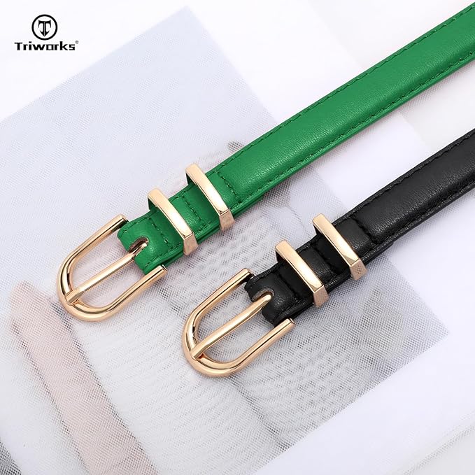 2 Pack Women Skinny Leather Belts for Jeans Pants Thin Faux Leather Belt with Gold Buckle