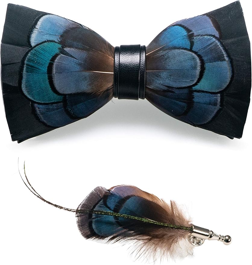 RBOCOTT Handmade Feather Pre-tied Bow tie and Brooch Sets for Men