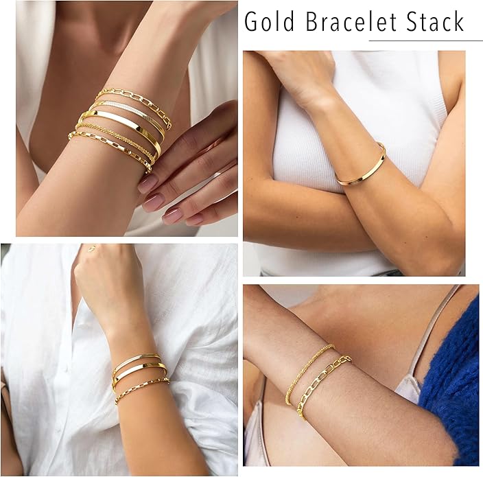 Dainty Thin Gold Bracelet for Women Stack, 14K Gold Plated Bracelet Stackable Set with Bangle Cuff, Box, Herringbone, Paperclip, Figaro, Sparkling Link Chains, Simple Waterproof Non Tarnish Minimalist Gifts for Women Trendy