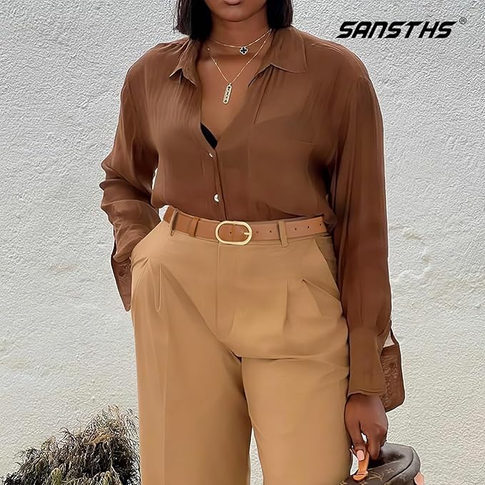 SANSTHS Women Faux Leather Chic Belts for Jeans Pants Fashion Ladies Belt Solid Color with Gold Curved Pin Buckle