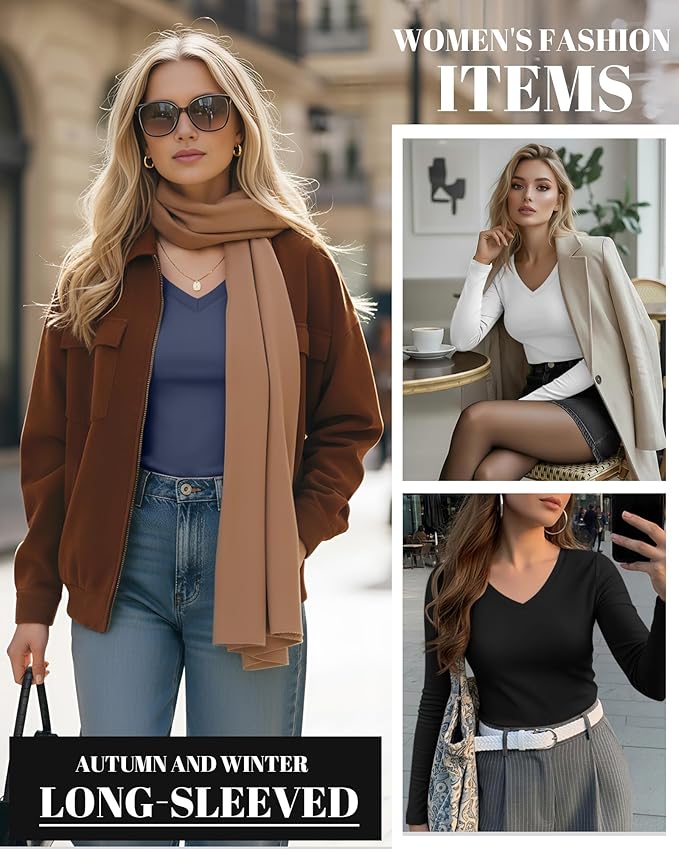 Ficerd 3 Pack Women's Long Sleeve Shirts, V Neck Basic Tees Slim Fitted Casual Fall Tops Going Out Blouses T Shirts