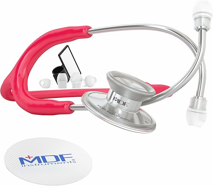MDF Instruments, Acoustica Lightweight Stethoscope for Doctors, Nurses, Students, Home Health Use, Adult, Dual Head, Raspberry Tube, Silver Chestpiece-Headset, MDF747XP23