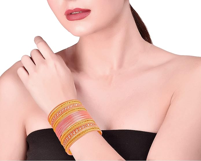 Touchstone Indian Metal Bangles for Women Gold Alloy Bracelets desi 2 Dozen Bangle Collection Bollywood Women's Jewelry Set Multi Stacking Wide Chunky Textured Golden Set of 24 in Gold or White Tone