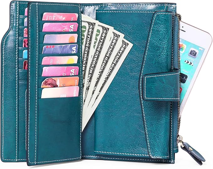 Women's Retro Long Wallet Genuine Leather RFID Blocking Large Capacity Clutch Purse in Brown (Blue)