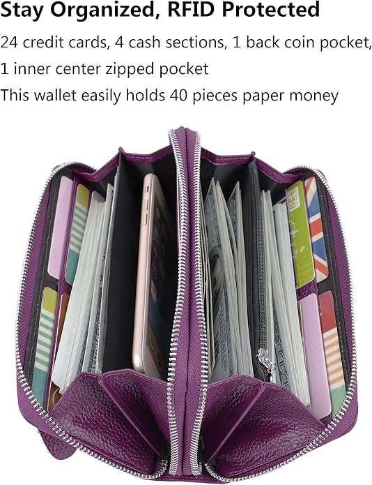 YALUXE Real Leather Zip Around Wallet RFID Blocking Wristlet Handbag Purse Clutch with Double Zipper Pockets