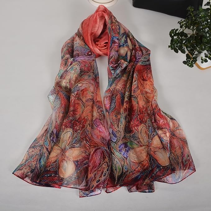 100% Mulberry Silk Women's Neck Silk Scarf-Lightweight Shawl,FLoral Print Beach Silk Wrap-Scarves for Photography