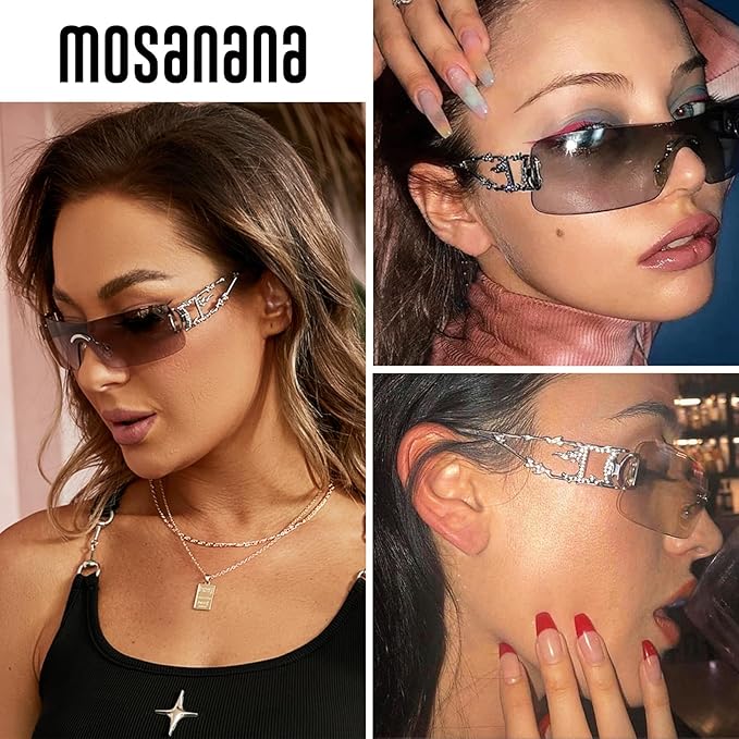 mosanana Y2K Rhinestone Flame Rectangle Sunglasses for Women with Bling Glitter MS52350