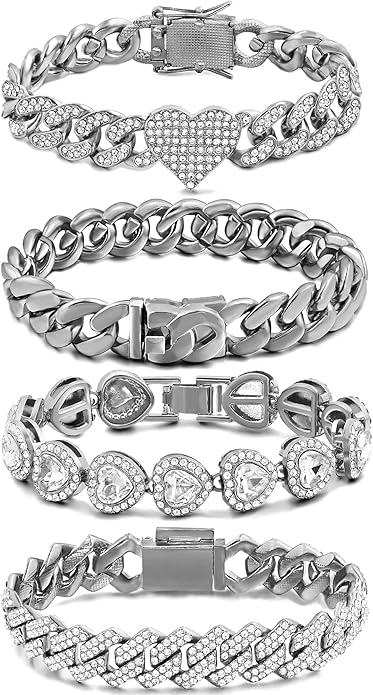 4PCS Gold Bracelets for Women Silver Clustered Tennis Bracelet for Women Heart Round Diamond Cuban Bracelet Layered Link Bracelet Set Fashion Jewelry for Women Set