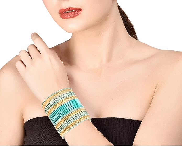 Touchstone Indian Metal Bangles for Women Gold Alloy Bracelets desi 2 Dozen Bangle Collection Bollywood Women's Jewelry Set Multi Stacking Wide Chunky Textured Golden Set of 24 in Gold or White Tone