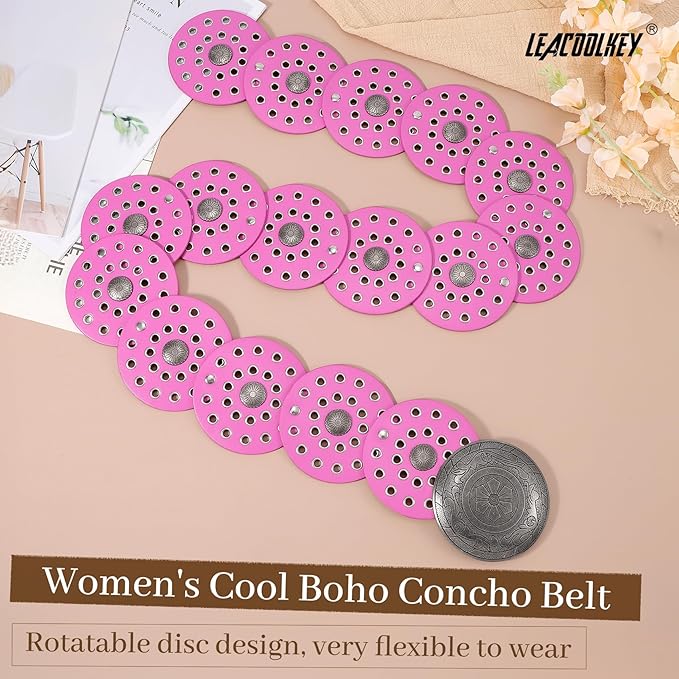 LEACOOLKEY Women's Boho Disc Belt Wide Western Leather Belt Vintage Concho Waist Belts for Dress Jeans