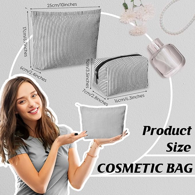 2 Pieces Makeup Bag Set Cute Cosmetic Pouch for Women Seersucker Travel Toiletry Bag Preppy Small Makeup Purse Pouch Aesthetic Skincare Brushes Storage Organizer for Christmas Women(Black)