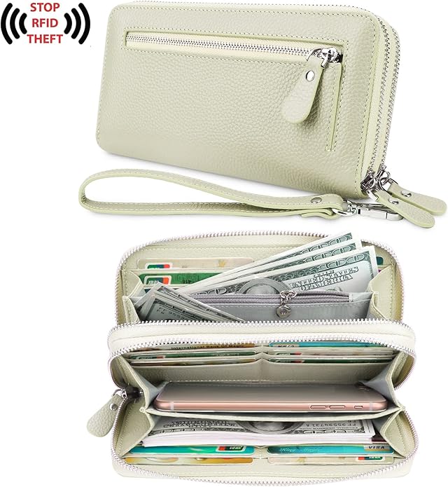 YALUXE Real Leather Zip Around Wallet RFID Blocking Wristlet Handbag Purse Clutch with Double Zipper Pockets