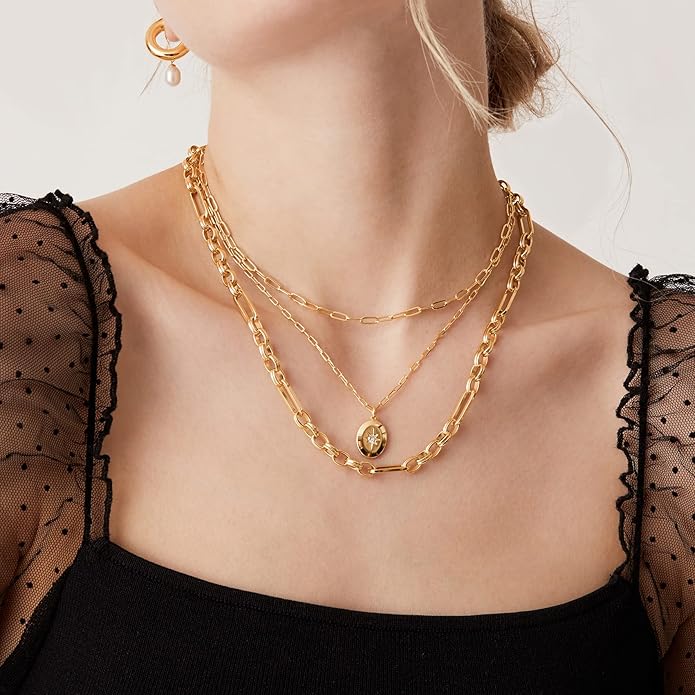PAVOI 14K Gold Plated Layering Necklaces | Stylish Minimalist Design Pendant Necklaces | Bar, Circle, Lotus, Disc, Dog Tag, Horizontal Bar Pendants for Women
