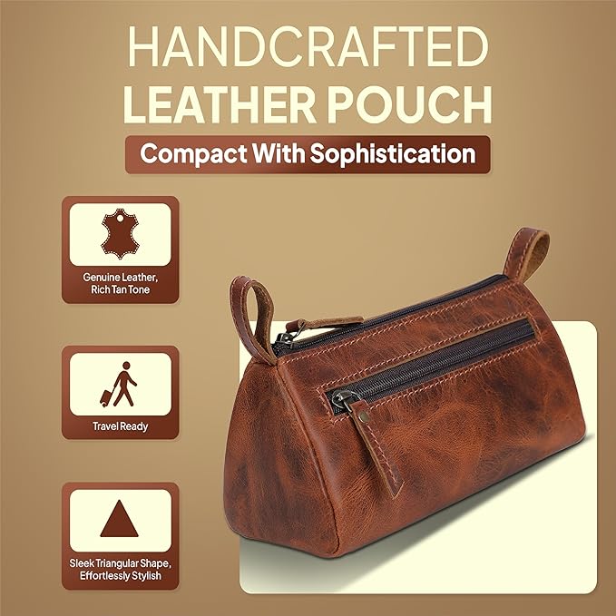 Leather Makeup Bag Small Cosmetics Case for Purse Multipurpose Zippered Pouch for Travel Compact Leather Stationary Organizer Pencil Pouch Gift for Everyday Use